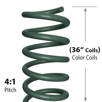 36" Forest Green Spiral Binding Color Coils (4:1 Pitch) showing a close-up view of the coil design and pitch measurement.