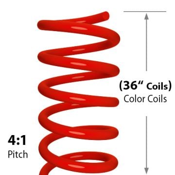 A 36" Ruby Red Spiral Binding Color Coil (4:1 Pitch) used for bookbinding, showing a close-up of the vibrant red coils and the pitch ratio.