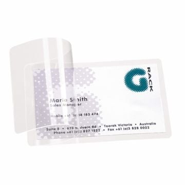 A business card is partially laminated with a 3L Self-Laminating 2 1/8" x 3 3/8" Credit Card Size Pouch, showing its clear protective cover being applied.