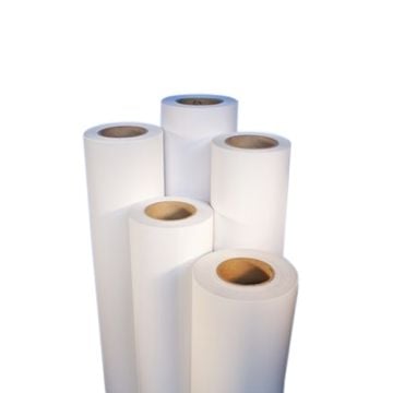 Five rolls of SEAL 3mil Print Shield Base Matte Pressure Sensitive Laminating Film standing upright.