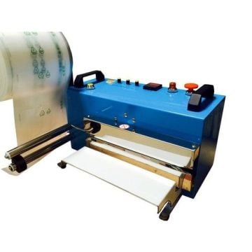 A blue air pillow machine with control buttons and a roll of 40micron Air Pillow Films - 1266ft long, designed for inflating and sealing protective air cushions used in packaging.