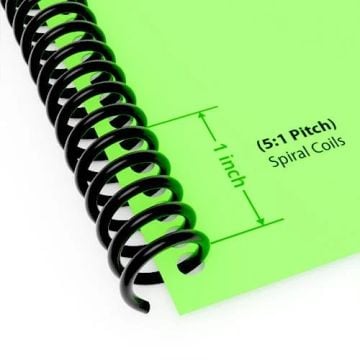Close-up of a 36" Black 5:1 Pitch Spiral Binding Coil used in a green notebook with a focus on the coil's 1-inch spacing.