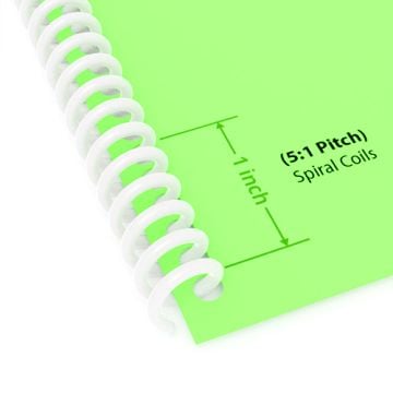 Close-up view of a document bound with 12" White 8mm 5:1 Pitch Spiral Binding Coil, showcasing the coil's tight pitch and secure binding.