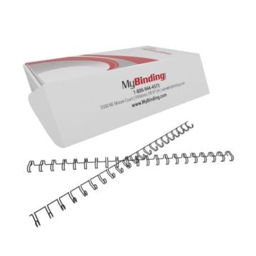 A box of 5/16" 2:1 Pitch Twin Loop Wire binding spines with two sample wires displayed in front.