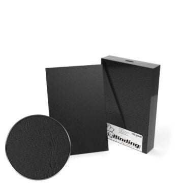 Black 5.5" x 8.5" Grain Binding Covers - 100pk (Half Size) shown with textured surface detail and packaging.