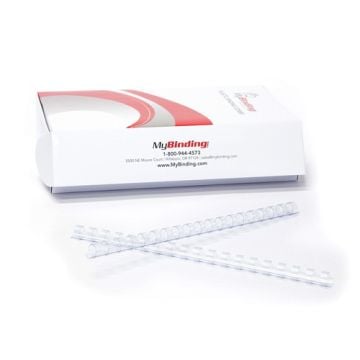 Clear Plastic Binding Combs next to a MyBinding packaging box, ideal for organizing and binding documents.