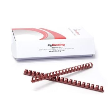 Maroon Plastic Binding Combs displayed in front of MyBinding packaging, ideal for organizing and securing documents.
