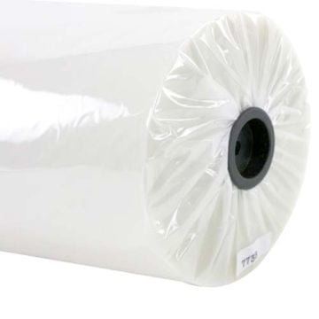 Close-up of a roll of 5 Mil Standard Roll Laminating Film with a black core and clear plastic wrapping.