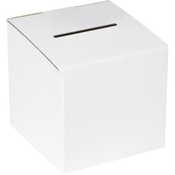 A closed, square 10" x 10" x 9-10" White Ballot Box with a horizontal slot on top for inserting ballots, featuring a smooth, white surface and crisp, neat edges.