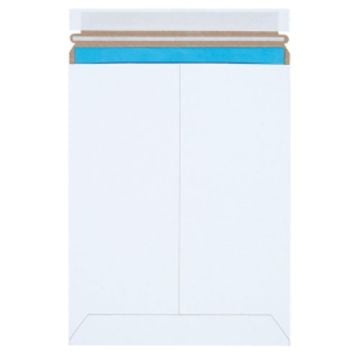 White Self-Seal Stayflats Plus® Mailers with a durable, rigid design and a peel-and-seal adhesive closure, providing secure protection for flat items during shipping.