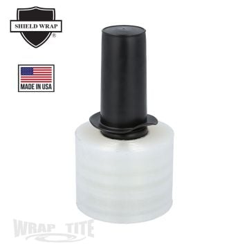 A Wrap-Tite Stretch Wrap Films with Spinner Handle (Extended Core) roll featuring a black ergonomic plastic handle for smooth dispensing, securely attached to a compact, clear stretch film designed for bundling and packaging applications.