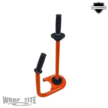 A Wrap-Tite Standard Economy 15" - 18" Stretch Wrap Film Dispenser featuring a sturdy orange metal frame with two black rubberized grips, designed for efficient and controlled application of stretch wrap film for securing pallets and packages.