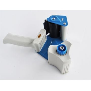A Standard Tape Dispenser for 3" tapes featuring a sturdy blue metal frame, a comfortable gray ergonomic handle, a tension adjustment knob, and a sharp serrated cutting blade for precise and efficient packaging tape application.