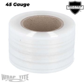 A roll of Wrap-Tite Cast Narrow-Width Banding Stretch Wrap Films (Stiff, Hi-Performance) in a 45-gauge thickness, designed for securing and bundling small packages with a durable and transparent plastic film.