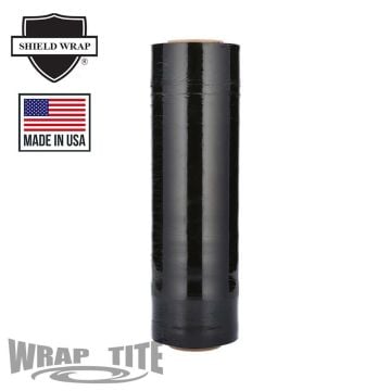 A roll of Wrap-Tite 80 Gauge Cast Hand Stretch Wrap Film (Tinted Color) in deep black, designed for securely wrapping pallets and shipments, featuring a "Made in USA" label and "Shield Wrap" branding on the packaging.