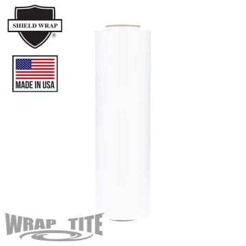 A roll of Wrap-Tite 80 Gauge 18" x 1500' Cast Hand Stretch Wrap Film (Dark Color) in opaque white, designed for secure packaging and load stability, with "Made in USA" and "Shield Wrap" branding on the image.