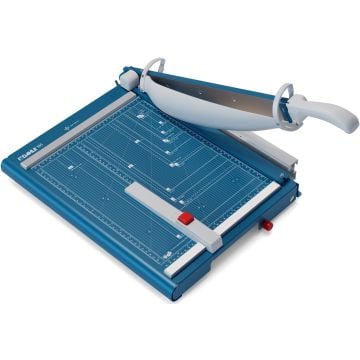 A Dahle 565 Premium 15 Inch Heavy Duty Guillotine Cutter with a blue grid cutting surface and a sharp blade for precise paper trimming.