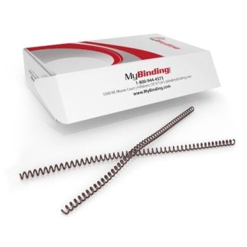 A box of "MyBinding" brand with two Brown 4:1 Pitch Spiral Binding Coils placed in front of it.