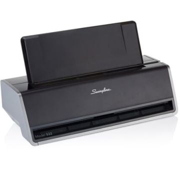 Swingline 28 Sheet Commercial Electric 2-Hole Punch, featuring a sleek black and gray design with an automatic punching mechanism, ideal for efficient document processing in office settings.