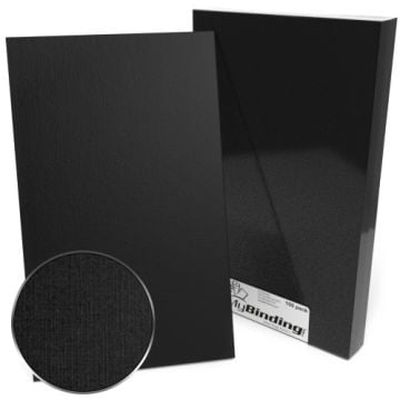Black 8.5" x 14" Linen Binding Covers with a textured finish shown in packaging and close-up view.