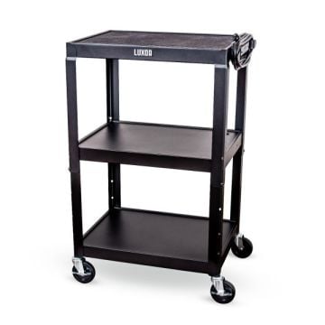 A black Luxor Adjustable-Height Steel Utility Cart with three shelves, smooth-rolling casters, and a durable steel frame designed for versatile storage and transport.