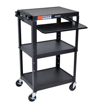 A black Luxor Adjustable-Height Steel Utility Cart with Pullout Keyboard Tray featuring three shelves, a sturdy metal frame, four caster wheels, and a coiled power cord neatly attached to the side.