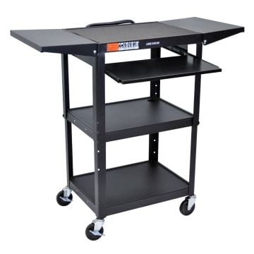 A Luxor Black Adjustable-Height Steel Utility Cart with a pullout keyboard tray, drop leaf extensions on both sides, three shelves, and lockable caster wheels for mobility.