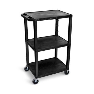A sturdy Luxor 42" High 3-Shelf Utility Cart with black plastic shelves and four caster wheels, designed for efficient storage and mobility.