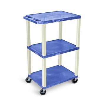 A blue, three-tiered Luxor 42" High 3-Shelf Utility Cart with sturdy beige legs, rolling casters, and an integrated 3-outlet electrical assembly.