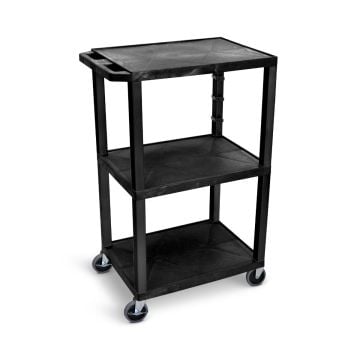 A black Luxor 42" High 3-Shelf Utility Cart with a sturdy plastic frame, three spacious flat shelves, and smooth-rolling caster wheels, designed with a built-in 3-outlet electrical assembly.