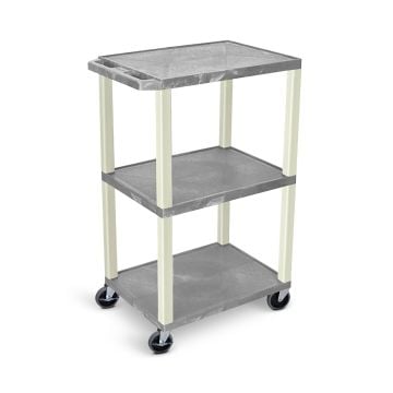 A Luxor 42" High 3-Shelf Utility Cart with gray marble-patterned shelves, cream-colored legs, and smooth-rolling casters on the bottom.