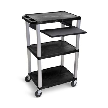 A black Luxor 42" High 3-Shelf Utility Cart with three durable black shelves, a pullout keyboard tray, aluminum legs, and smooth-rolling casters, designed for functional workspace organization.