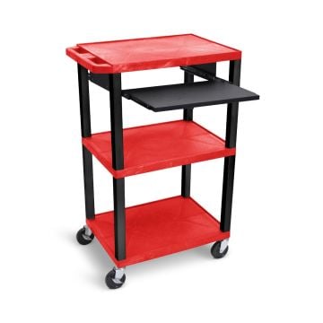 A Luxor 42" High 3-Shelf Utility Cart with red plastic shelves, black metal legs, caster wheels, and a pullout black keyboard tray.