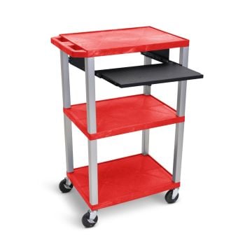 A red Luxor 42" High 3-Shelf Utility Cart with nickel legs, featuring three durable shelves, a pullout keyboard tray, caster wheels, and a built-in 3-outlet electrical assembly.