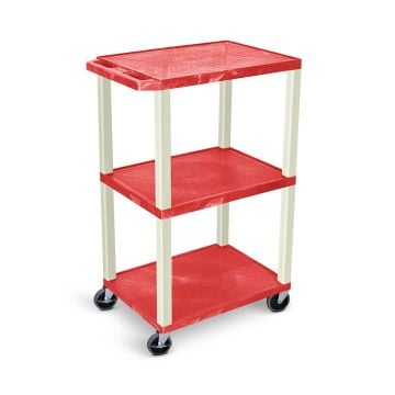 A Luxor 42" High 3-Shelf Utility Cart with vibrant red plastic shelves, cream-colored legs, smooth-rolling casters, and a durable design, ideal for practical utility tasks.