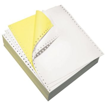 9 1/2" x 5 1/2" 15lb Blank White/Canary Carbonless Continuous Computer Paper - 6400/Case (2 Ply) Image 1