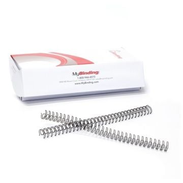 A box of 9/16" 3:1 Pitch Twin Loop Wire with two wire binding spines displayed in front.