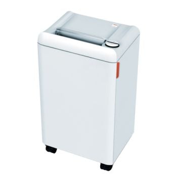 Front view of the MBM Destroyit 2503 Micro Cut Paper Shredder with a compact design and sturdy wheels for easy mobility.