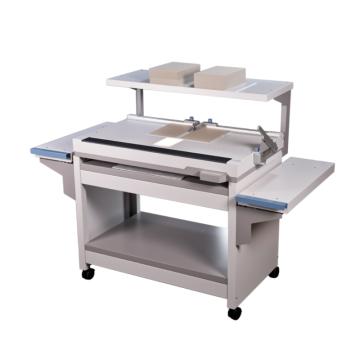 A Fastbind Casematic Smart A46A Semi-Automatic Case Maker, showcasing its sleek design with an extended worktable and a top shelf for additional storage.