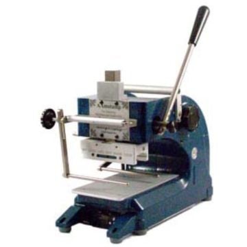 An AAMStamp M-2000 Electric Hot Foil Stamping Machine, featuring a durable blue frame and manual lever for precise stamping operations.