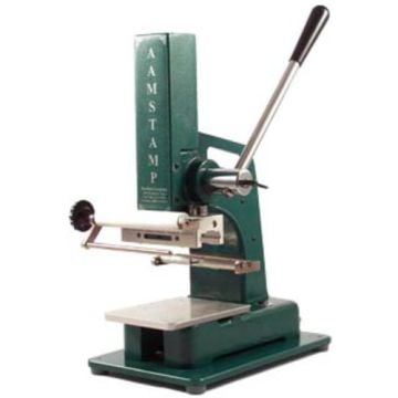 An AAMStamp Sprite Stamping Machine with a sturdy green frame, a manual lever, and a flat stamping platform for precise embossing and imprinting.