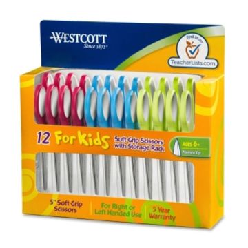 Acme United Junior Stainless Steel Pointed Tip Scissors packaged in a set of 12, featuring colorful soft-grip handles in red, blue, and green, designed for children aged 6 and up, with a convenient storage rack included.