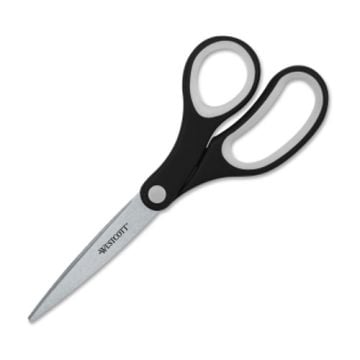 Westcott KleenEarth 8" Straight Soft Handle Scissors with black ergonomic handles featuring a soft gray lining and sharp stainless steel blades, designed for comfortable and precise cutting.
