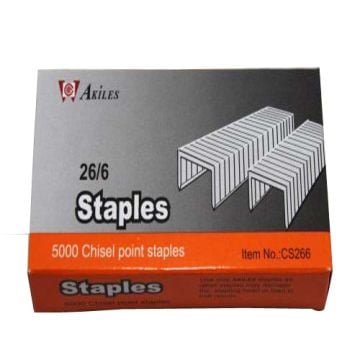 A box of "Akiles ABM 26/6 Premium Heavy Duty Staples" containing 5000 chisel point staples.
