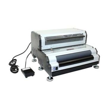 An Akiles CoilMac EPI+ Electric Oval Hole Coil Binding Machine featuring a robust design with a metallic finish, equipped with a foot pedal and power cord, ideal for professional document binding.