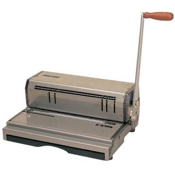 The Akiles CoilMac M Manual Coil Binding Machine, featuring a sturdy metal build with a lever handle for coil binding tasks.