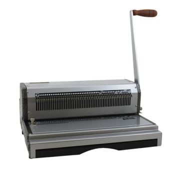 A side view of the Akiles Coilmac M-Plus Manual Oval Hole Coil Binding Machine with its lever raised, showcasing the punch and binding mechanism.