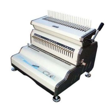 The Akiles CombMac-24E Electric 14" Comb Binding Machine, featuring a robust design with a lever on the right side, multiple comb slot sizes on the top, and a row of punch pins in the center for efficient document binding.