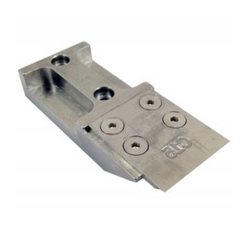 An  Akiles Diamond 6 or 7 Knife Blade Base for each Radius Blade, showing a metal base with screw holes and precision-cut design for secure blade attachment.