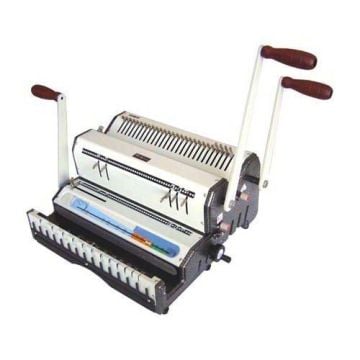 An Akiles DuoMac 521 5:1 Coil and 2:1 Wire Binding Machine with two wooden-handled levers for manual operation.